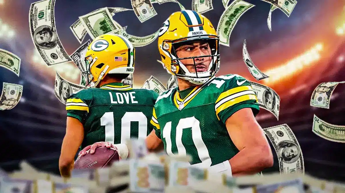 Photo: Jordan Love in Packers uniform with money flying around him