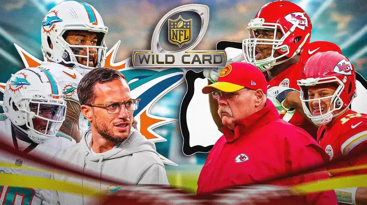 Tyreek Hill, Mike McDaniel, Tua Tagovailoa, Dolphins logo vs. Andy Reed, Patrick Mahomes, Chris Jones, Chiefs logo. NFL wild card logo front and center.