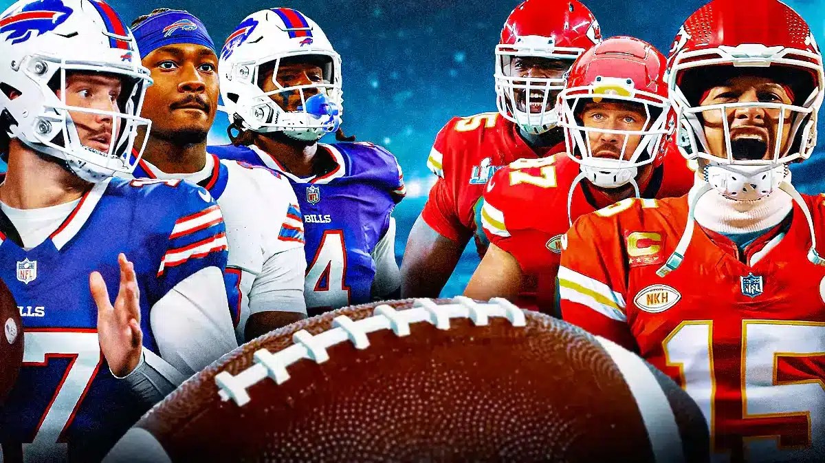 Patrick Mahomes, Chris Jones, Travis Kelce, Chiefs logo vs. Josh Allen, Stefon Diggs, James Cook, Bills logo. Divisional Round logo front and center.