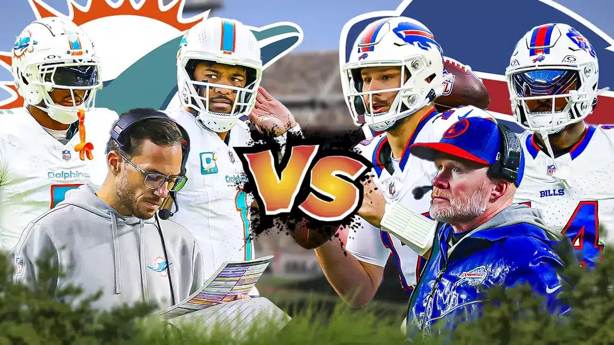 Jalen Ramsey, Tua Tagovailoa, Mike McDaniel, Dolphns logo vs. Josh Allen, Stefon Diggs, Sean McDermott, Bills logo. Sunday Night Football logo front and center.