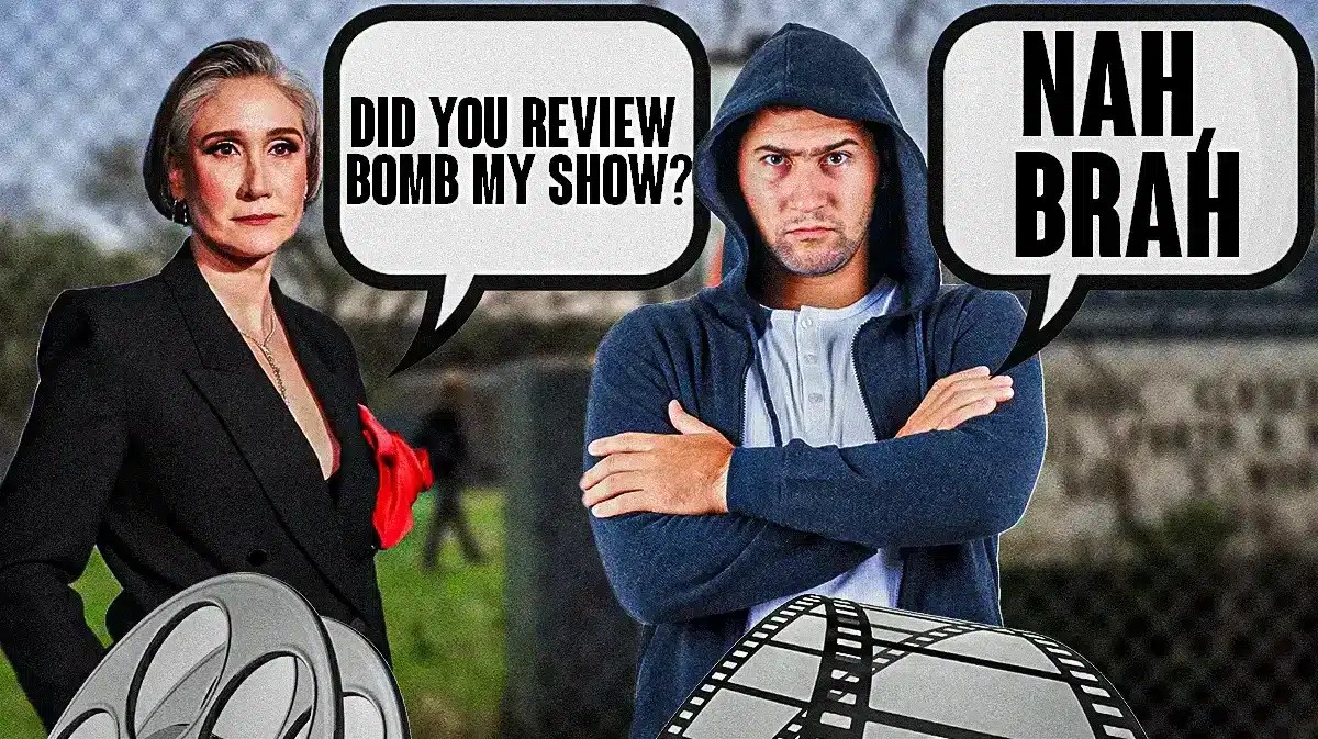 True detective showrunner Issa López, alongside a stock shot of some frat-boy looking bro. López has a speech bubble asking him, “Did you review bomb my show?” and the frat boy responds “Nah, brah”.