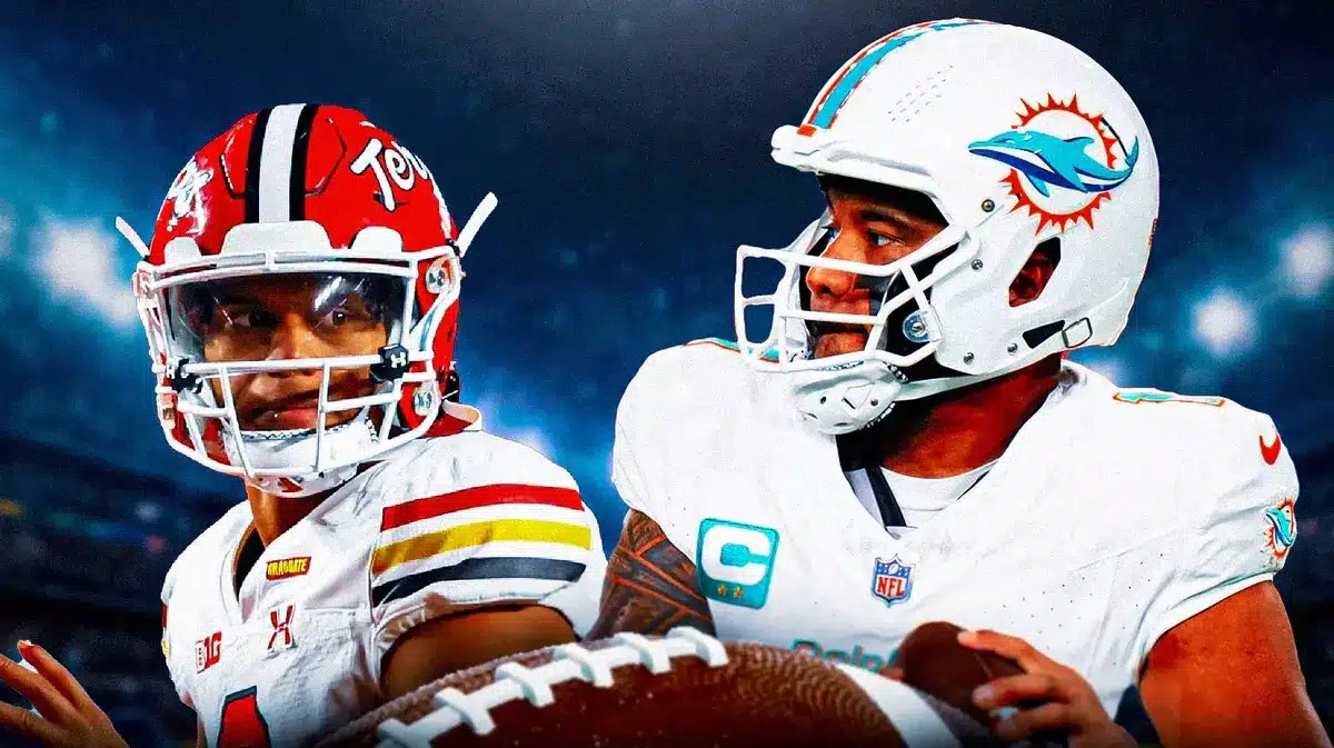 Photo: Taulia Tagovailoa in Hurricanes uniform with brother Tua Tagovailoa in Dolphins uniform smiling next to him