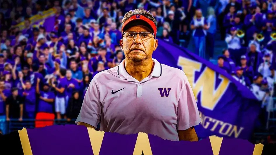 Photo: Jedd Fisch in Washington Huskies gear with Washington Huskies logo and fans cheering.