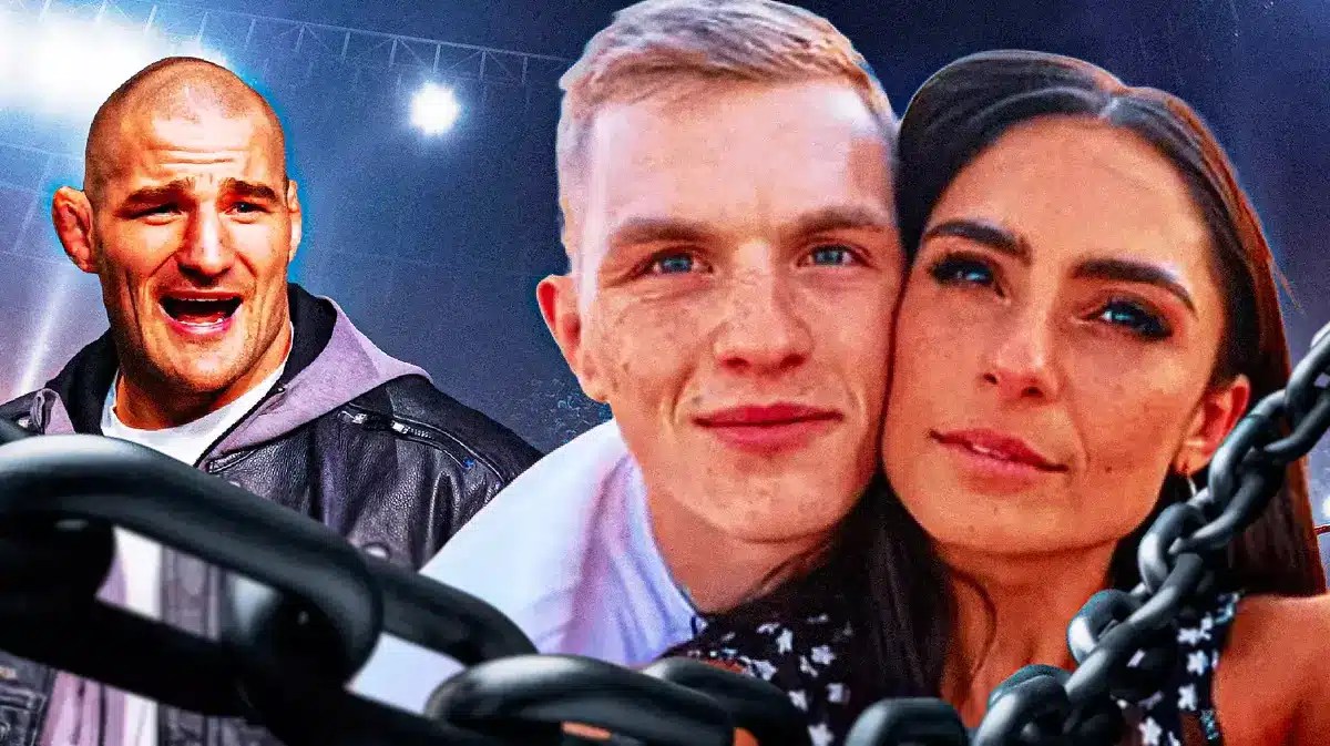 Ian Garry and his wife, layla anna-lee, Sean Strickland looking at them from the side, the UFC logo behind them