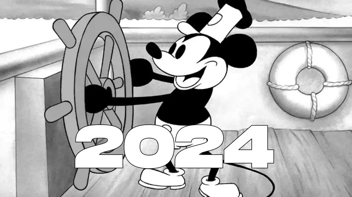 Mickey Mouse from Steamboat Willie with 2024 on it.