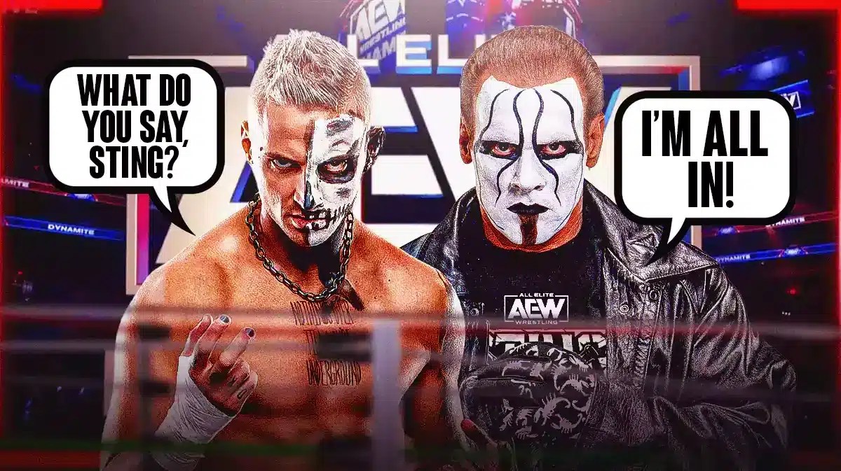 Darby Allin with a text bubble reading “What do you say, Sting?” next to AEW’s Sting with a text bubble reading “I’m all in!” with the AEW Dynamite logo as the background.