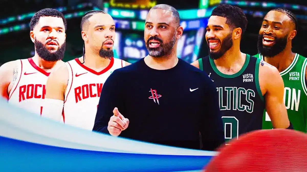 Rockets' Fred VanVleet, Dillon Brooks and Ime Udoko with Celtics' Jayson Tatum and Jaylen Brown