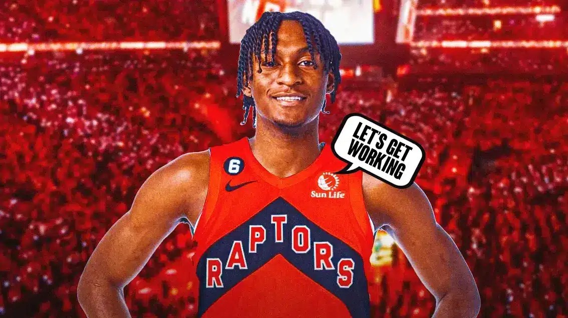Immanuel Quickley in a Raptors uniform saying “Let’s get working”