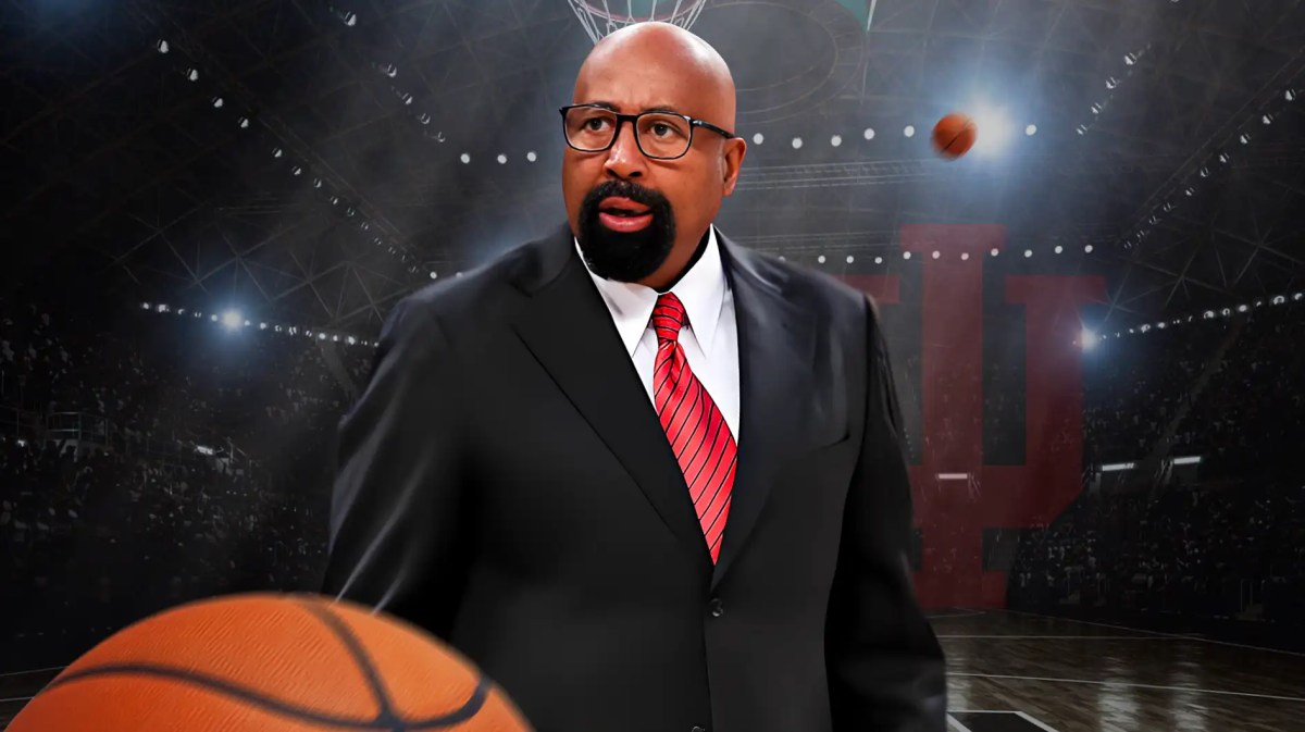 Indiana basketball, Wisconsin basketball, Mike Woodson, CJ Gunn, Hoosiers, Mike Woodson with Indiana basketball arena in the background