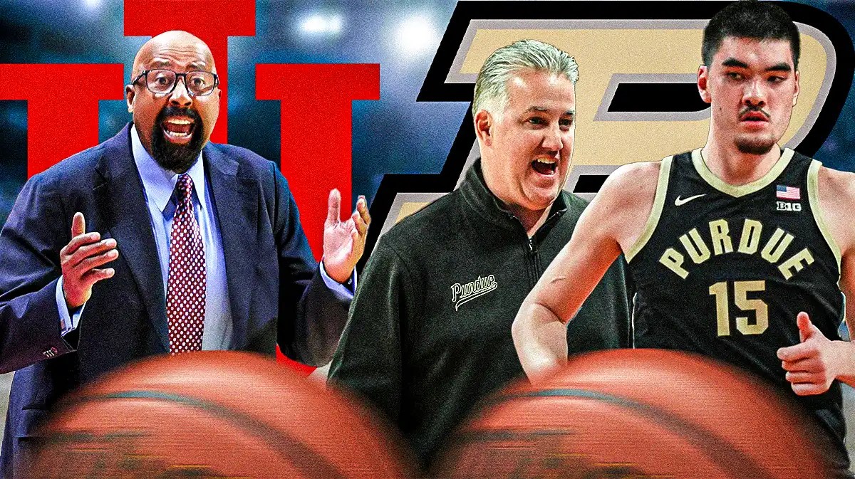Mike Woodson alongside Matt Painter and Zach Edey with both the Indiana and Purdue logos in the background