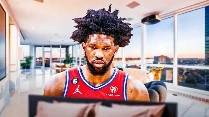 Joel Embiid in front of his penthouse in Philadelphia.