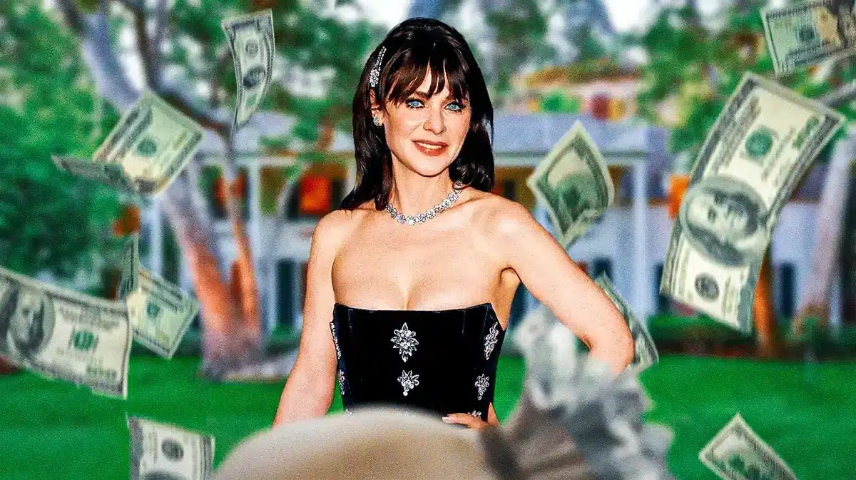 Zooey Deschanel in front of her mansion in Los Angeles.
