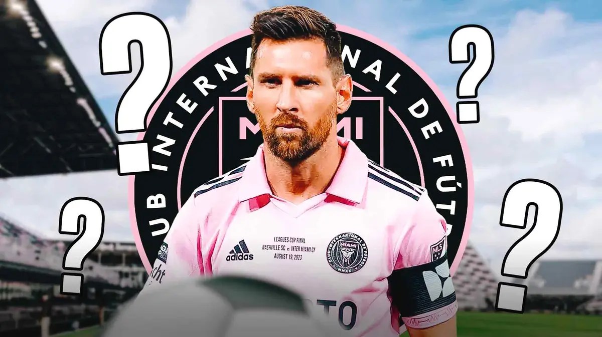 Lionel Messi in front of the Inter Miami logo, questionmarks in the air