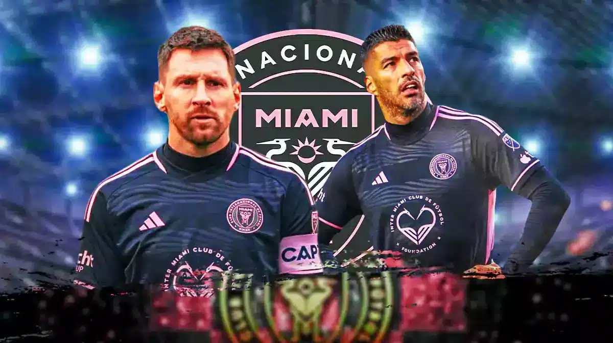 Lionel Messi and Luis Suarez in front of the Inter Miami logo