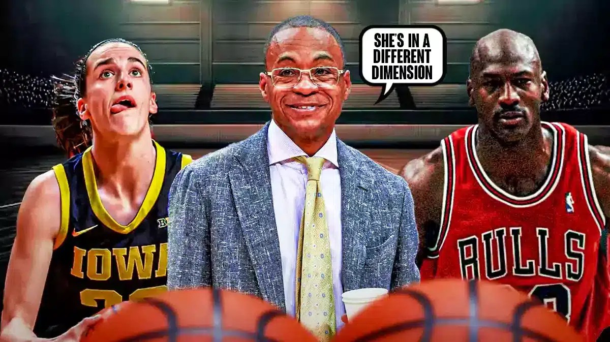 Iowa women’s basketball player Caitlin Clark and Michael Jordan, with sports broadcaster Gus Johnson with a speech bubble saying “She’s in a different dimension”