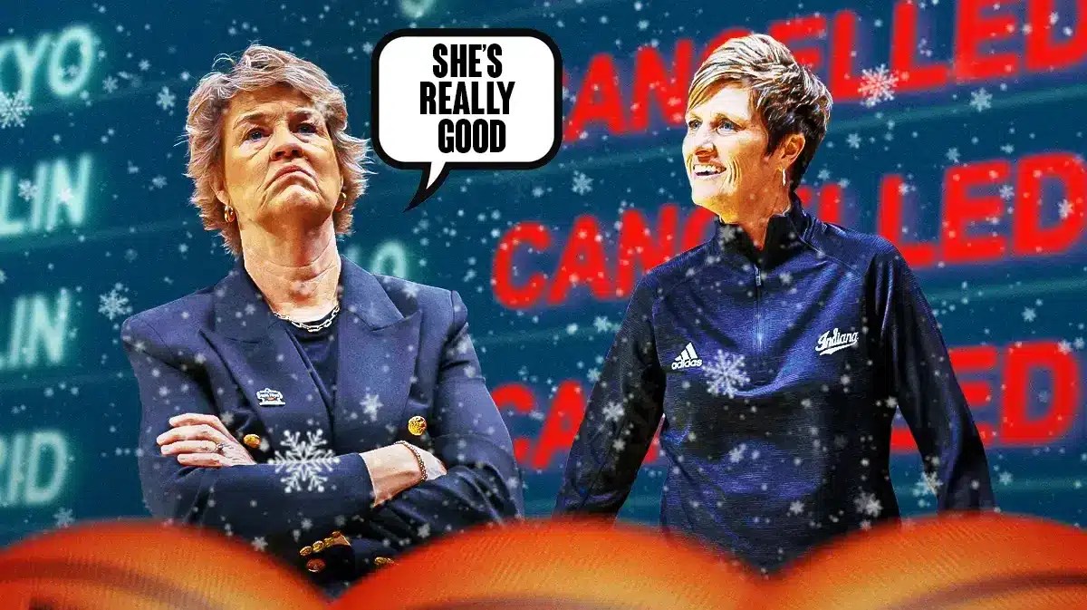 Iowa women’s basketball coach Lisa Bluder with a text bubble saying “She’s really good” and Indiana women’s basketball coach Teri Moren. In the background to represent the weather dilemma, put a “cancelled flights board” and snow