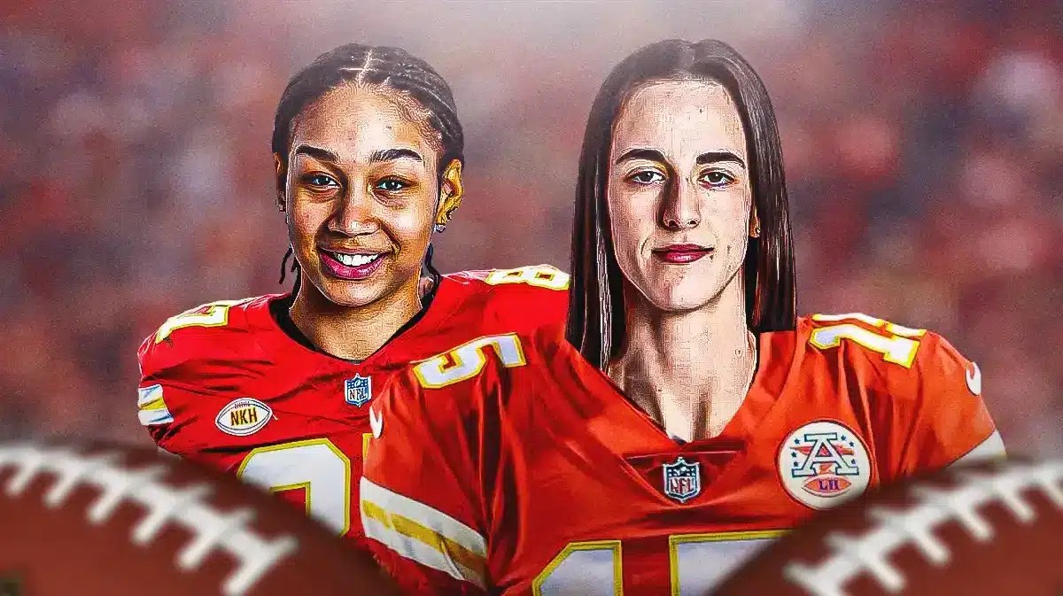 Iowa women’s basketball players Caitlin Clark and Hannah Stuelke, photoshopped into Kansas City Chiefs uniforms, with Caitlin Clark as Patrick Mahomes and Hannah Stuelke as Travis Kelce