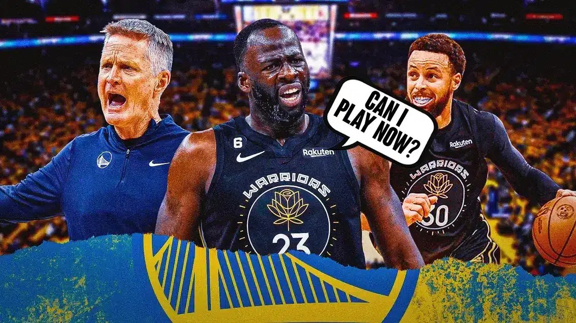 Warriors' Draymond Green asking "Can I play now" next to Steve Kerr, Stephen Curry