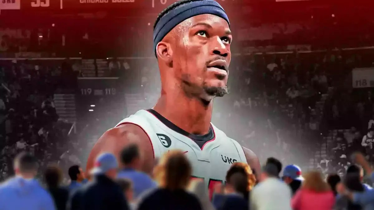 Miami Heat star Jimmy Butler in front of the Kaseya Center.