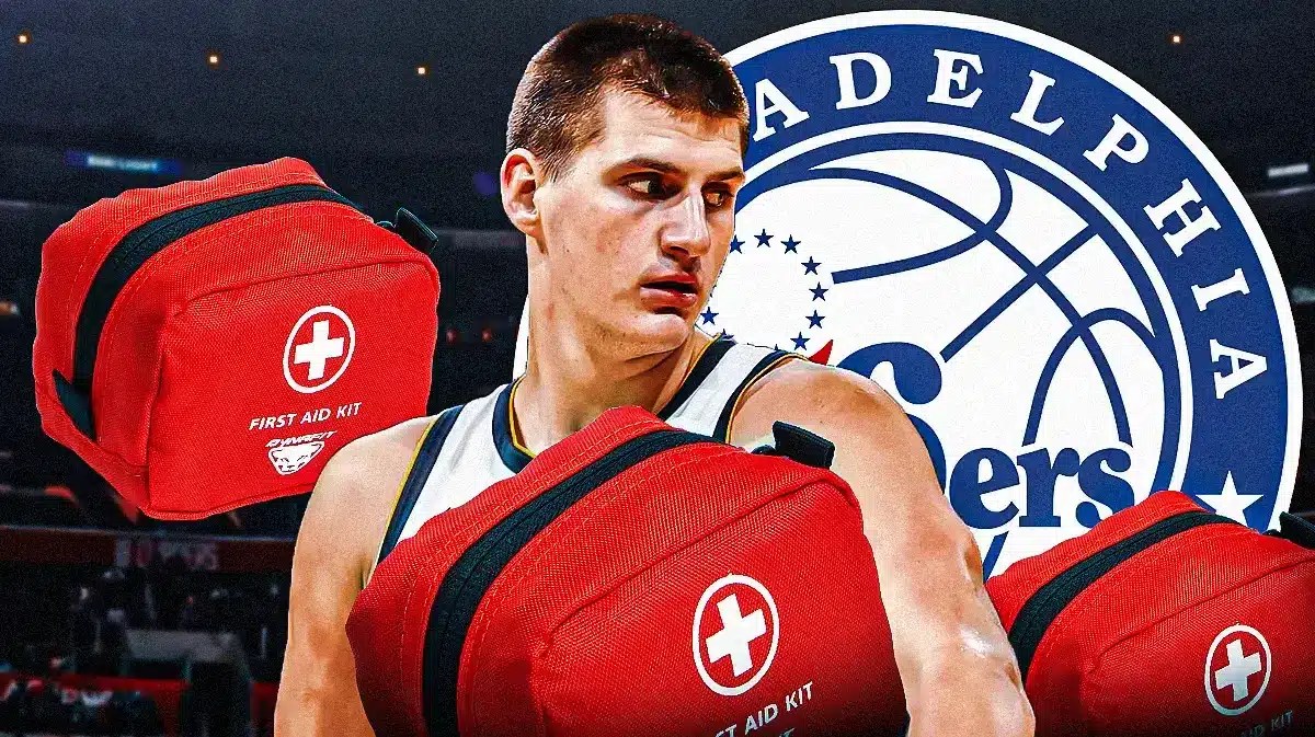 Photo: Nikola Jokic in Nuggets uniform with med kits around him and Sixers logo behind him