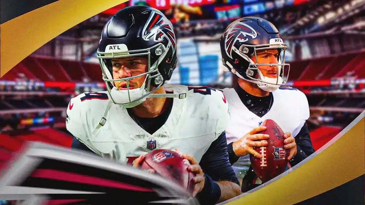 Atlanta Falcons quarterback Taylor Heinicke in front of Mercedes-Benz Stadium.
