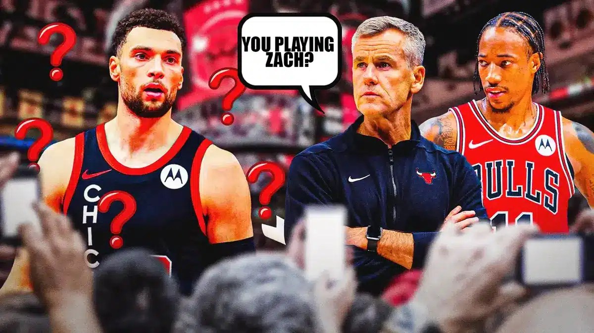 Billy Donovan saying "You playing Zach?" next to Zach LaVine and DeMar DeRozan