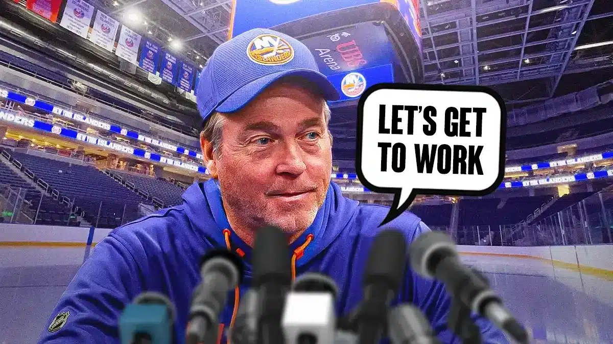 Patrick Roy in Islanders gear saying “Let’s get to work”