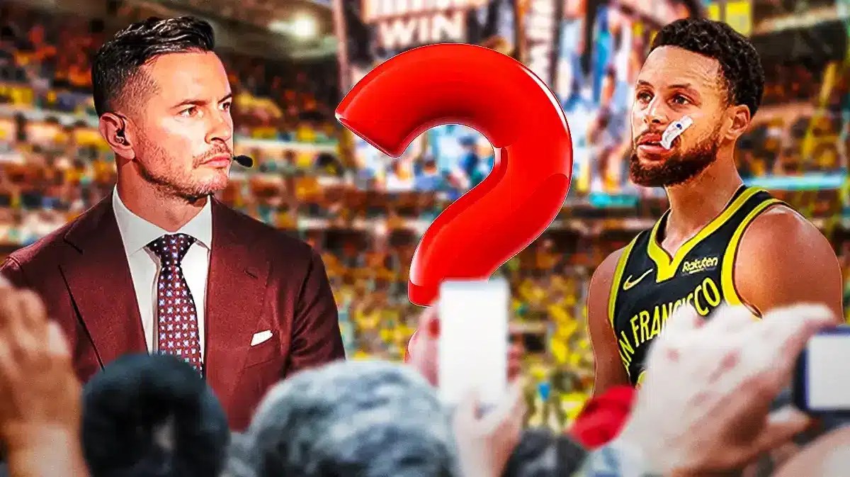 JJ Redick in normal clothes on left. Warriors' Stephen Curry on right. Question mark in middle.