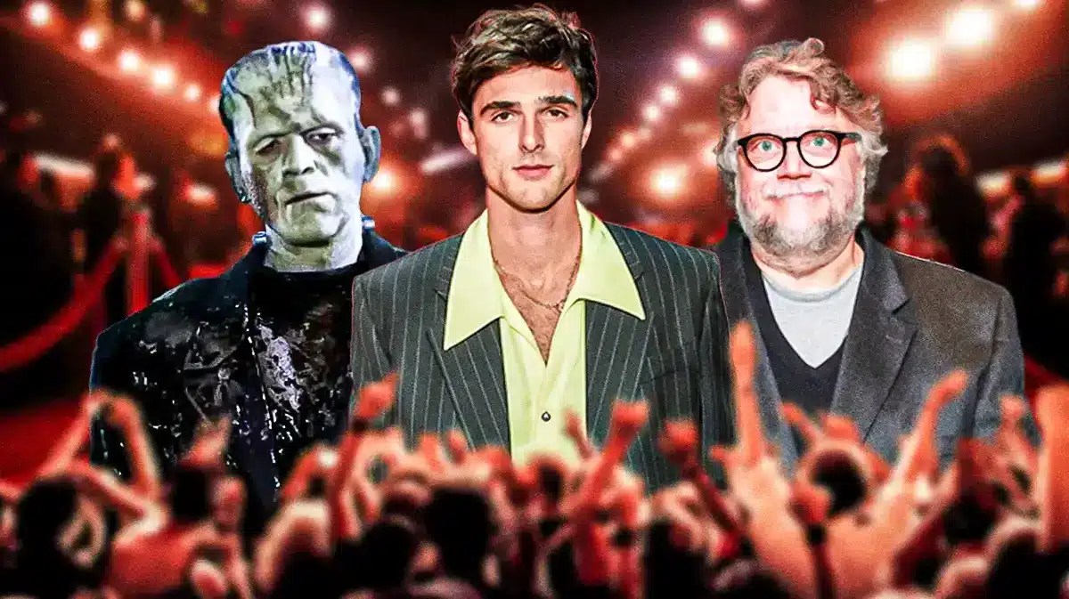Jacob Elordi between Frankenstein and Guillermo del Toro.