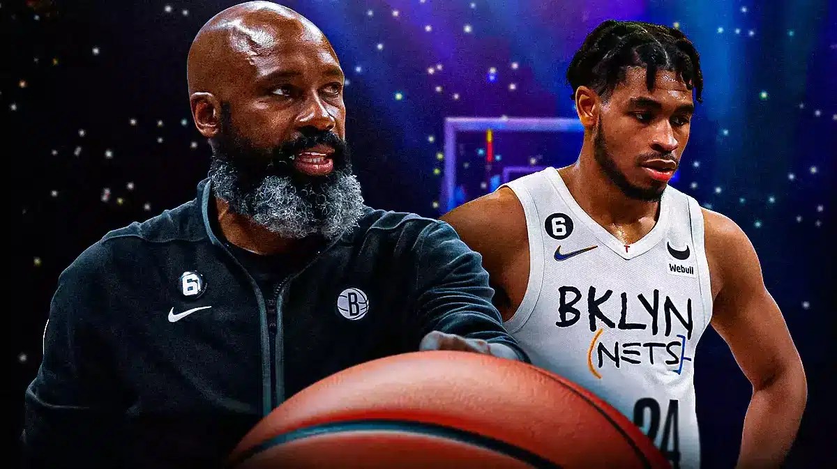 Jacque Vaughn and Cam Thomas on either side, Brooklyn Nets logo in image, basketball court in background