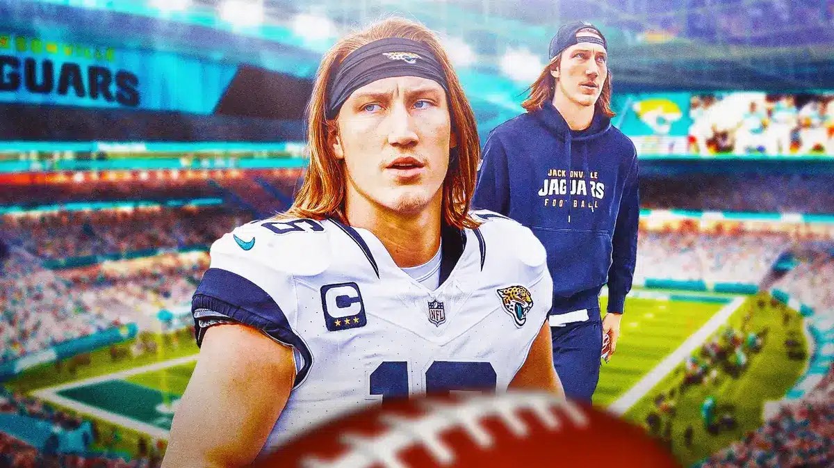 Jacksonville Jaguars star Trevor Lawrence in front of EverBank Stadium.