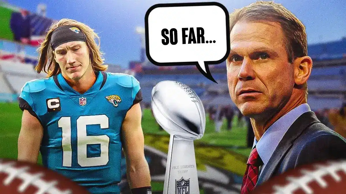 Thumb: Jaguars' Trent Baalke saying… “So far…” while looking at Lombardi trophy. Trevor Lawrence looking sad.