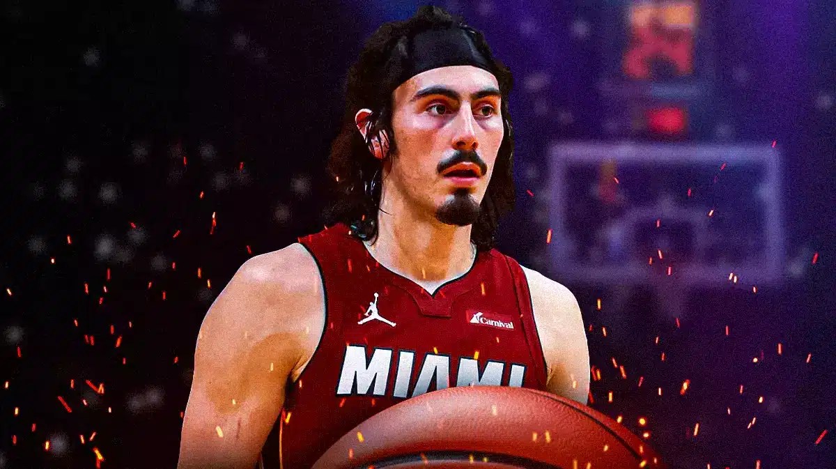 Miami Heat star Jaime Jaquez Jr. in front of the Kaseya Center.