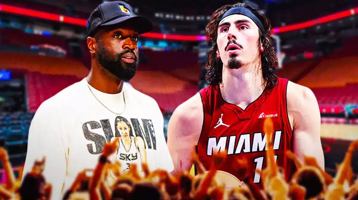 Miami Heat star Jaime Jaquez Jr. and former player Dwyane Wade in front of the Kaseya Center.