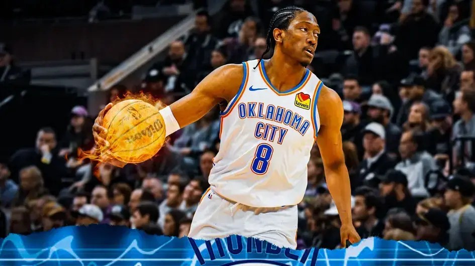 Thunder forward Jalen Williams holding a flaming basketball with Paycom Center in background