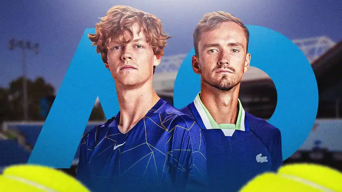 Jannik Sinner and Daniil Medvedev in front of the Australian Open logo