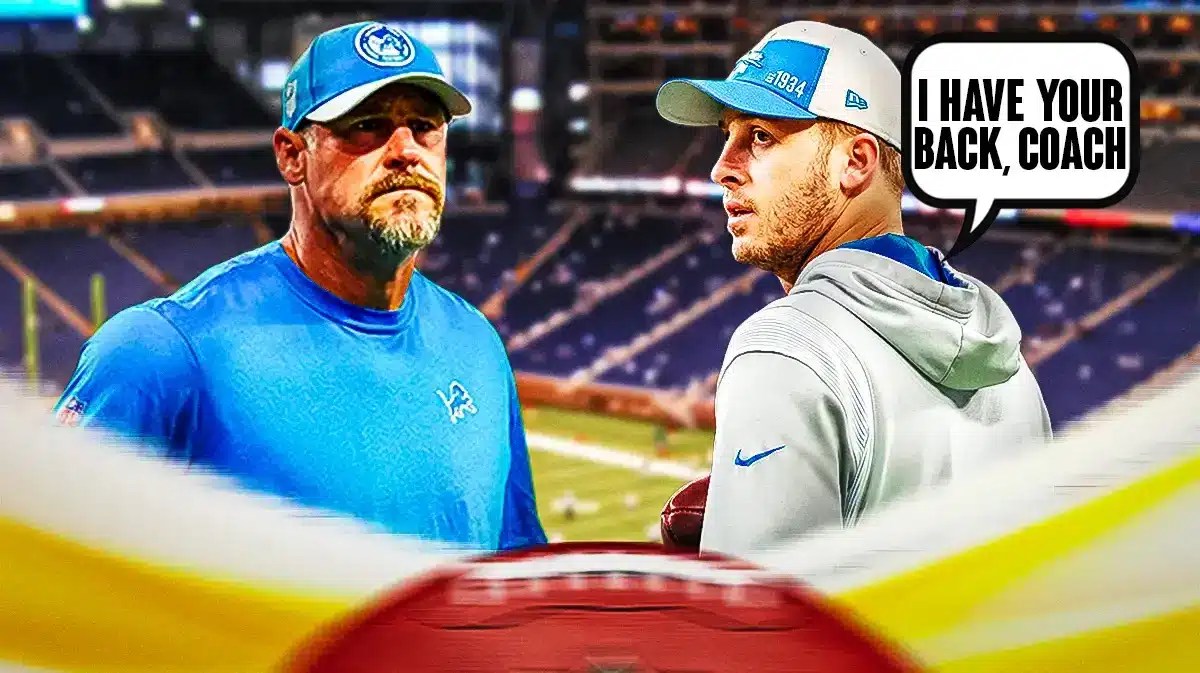 Jared Goff next to Dan Campbell, Goff saying “I have your back, coach” (Detroit Lions)