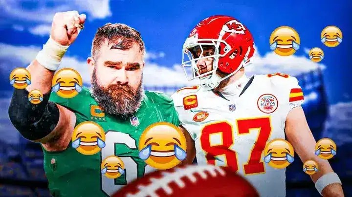 Shirtless Jason Kelce, Travis Kelce. Cry laughing emojis all over
