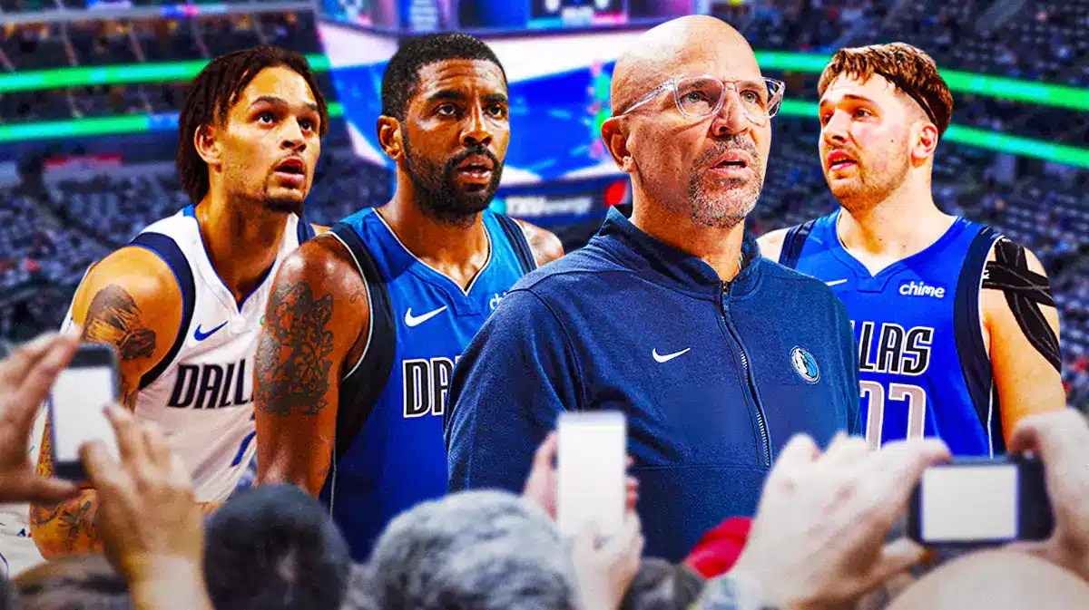Mavs' Jason Kidd, Luka Doncic, Kyrie Irving, Dereck Lively II
