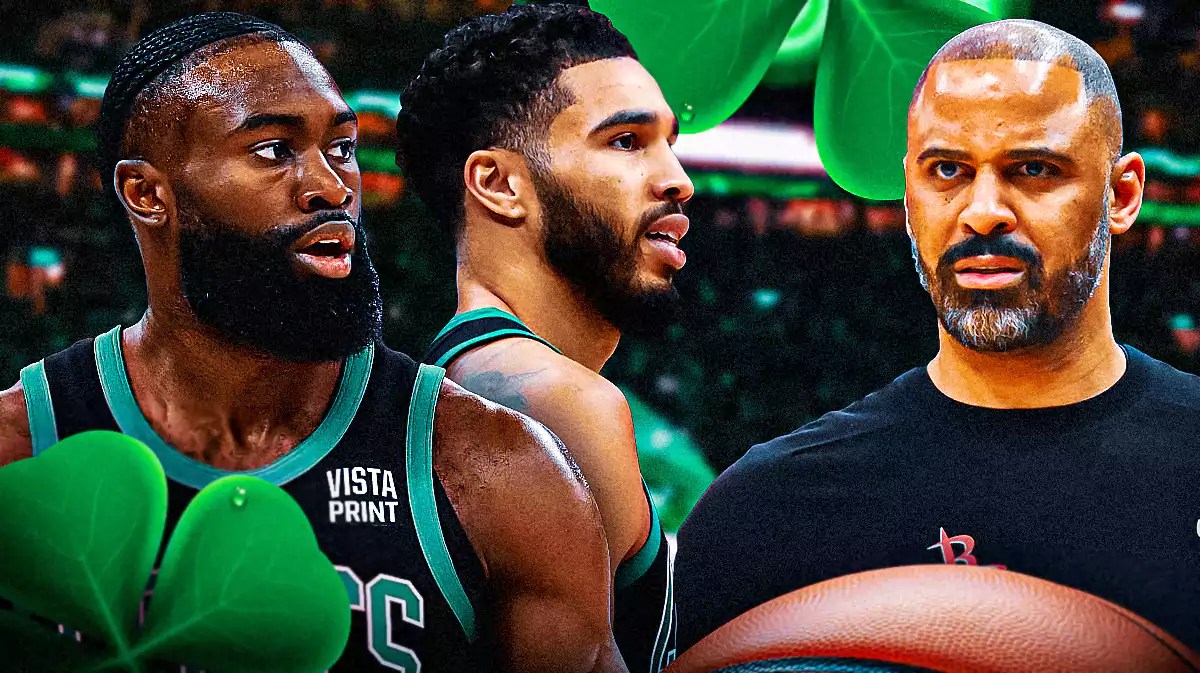 Jaylen Brown and Jayson Tatum alongside Ime Udoka with the Celtics arena in the background