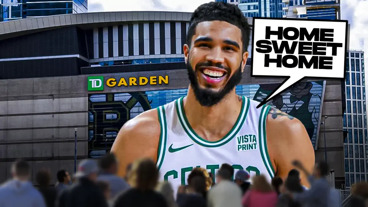 Jayson Tatum smiling and saying “Home sweet home” in front of TD Garden