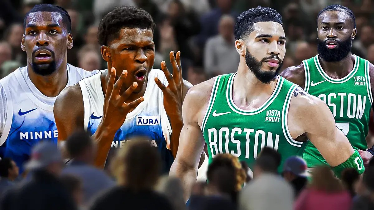 Naz Reid, Anthony Edwards on one side and Jayson Tatum, Jaylen Brown on the other side. TD Garden arena in the background