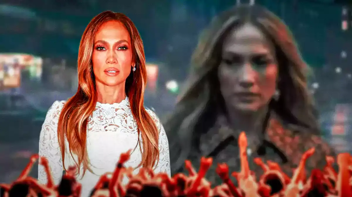 Image of Jennifer Lopez with a still from the trailer for her new musical movie This Is Me... Now in the background