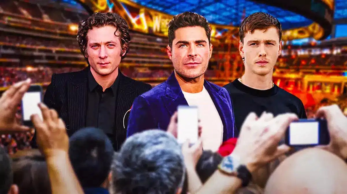 The Iron Claw stars in front of Jeremy Allen White, Zac Efon, and Harris Dickinson with WWE background.