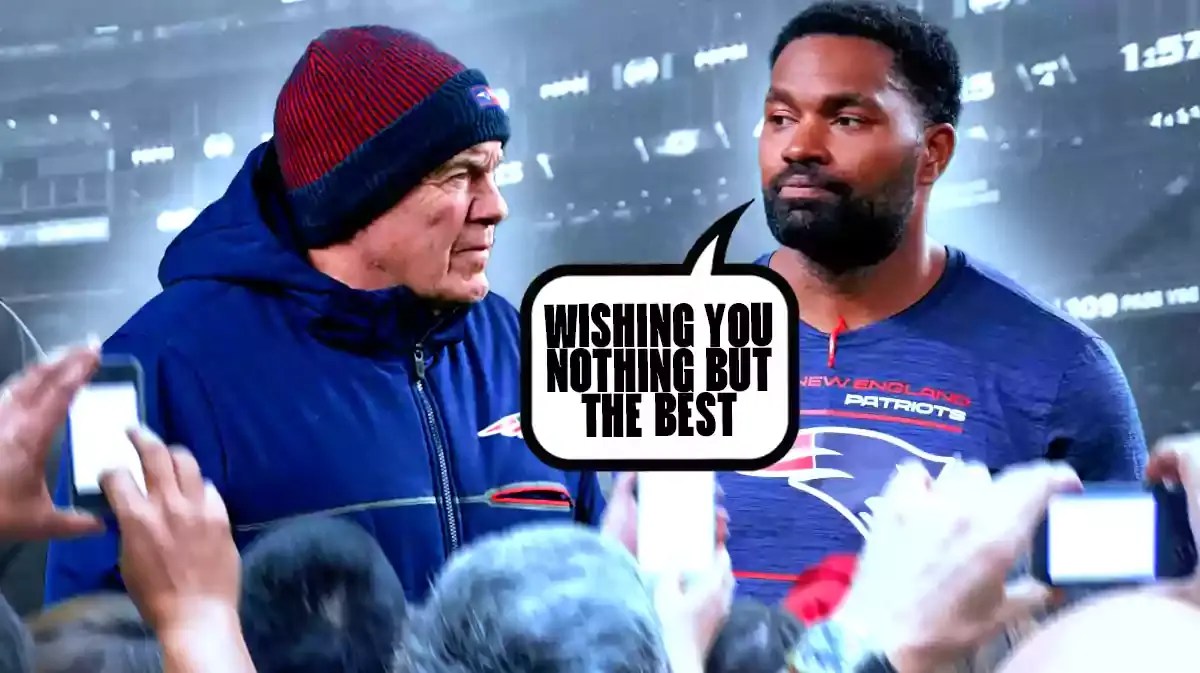 Patriots head coach Jerod Mayo saying "wishing you nothing but the best" to Bill Belichick