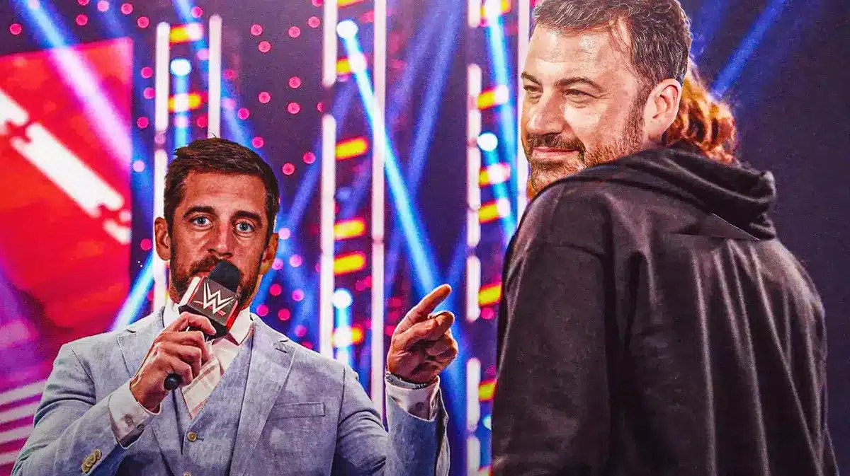 Aaron Rodgers (Jets) as Cody Rhones (with the mic) and Jimmy Kimmel as the guy in the black hoodie