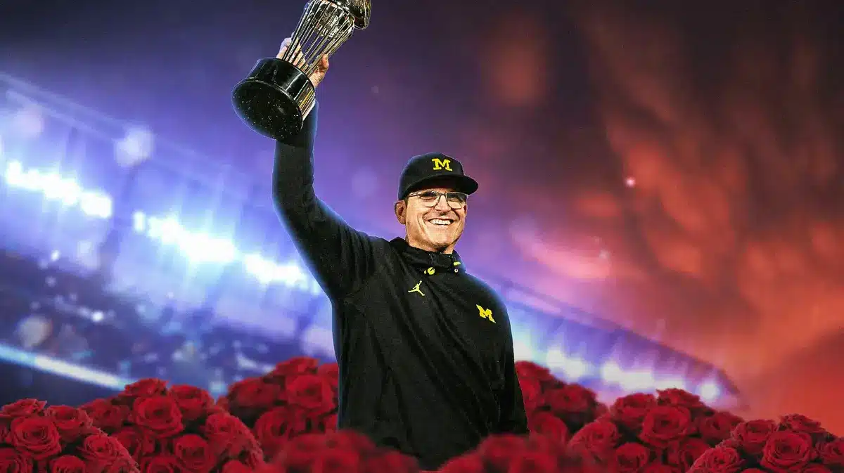 Jim Harbaugh, Michigan football, surrounded by roses, holding Rose Bowl trophy