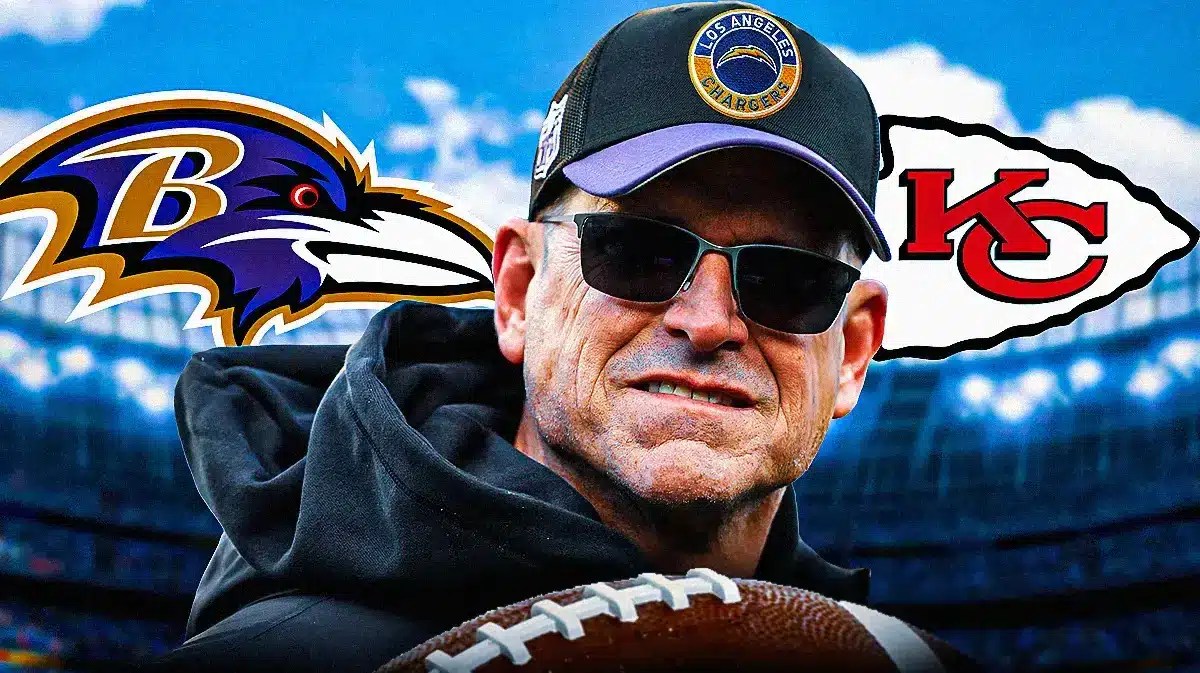 Photo: Jim Harbaugh in Chargers gear with Ravens and Chiefs logo behind him