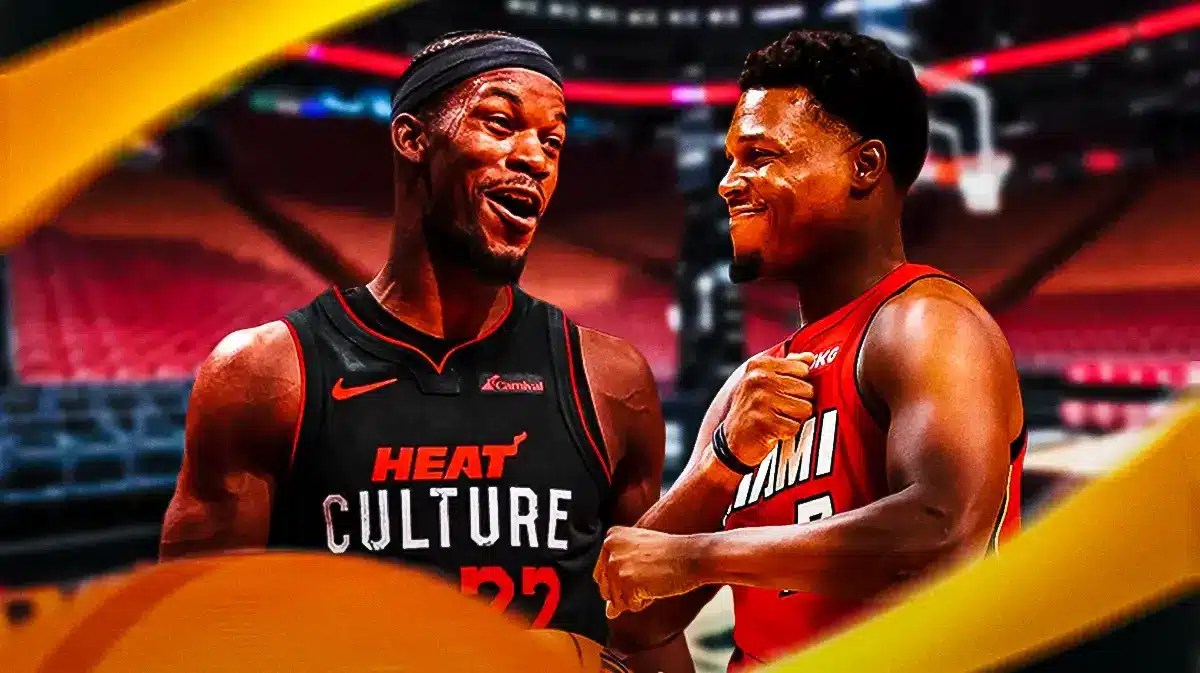 Miami Heat star Jimmy Butler and former teammate Kyle Lowry in front of the Kaseya Center.