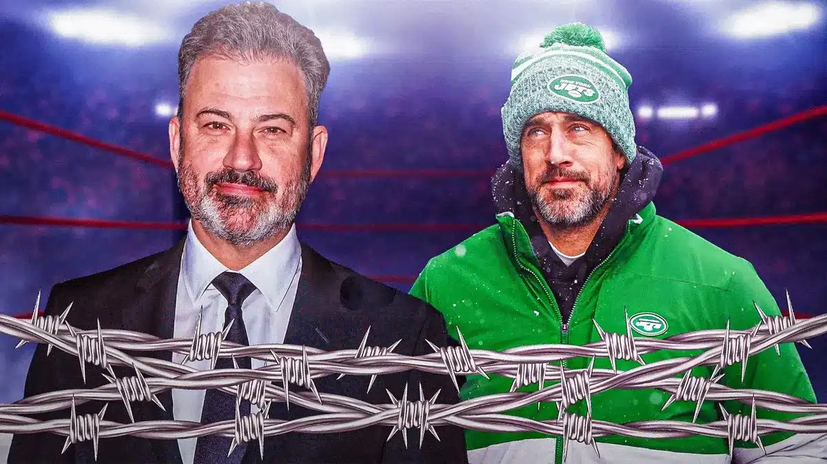 Jimmy Kimmel and Aaron Rodgers in a boxing ring.